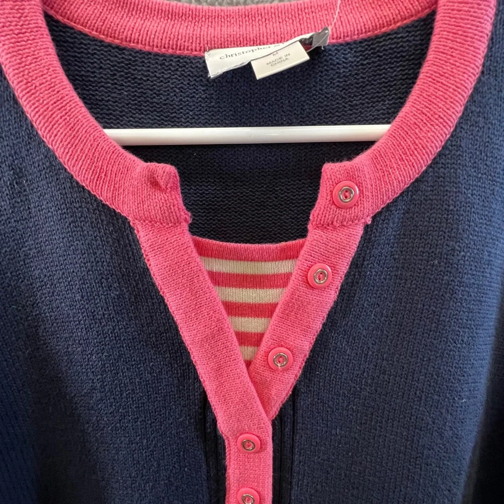 Christopher‎ & Banks Navy Pink Henley Medium 3/4 Sleeve Coastal Nautical Preppy